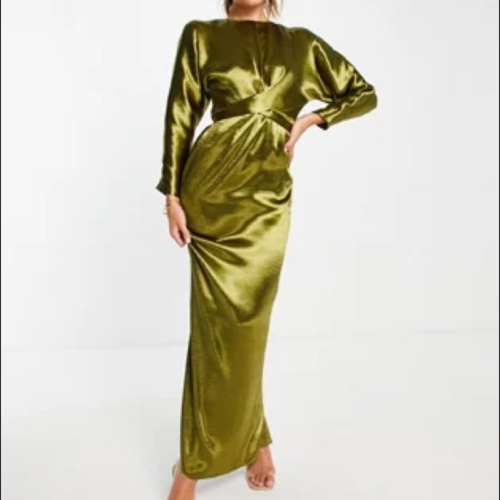 ASOS DESIGN maxi dress with batwing sleeve and wrap waist in satin in olive